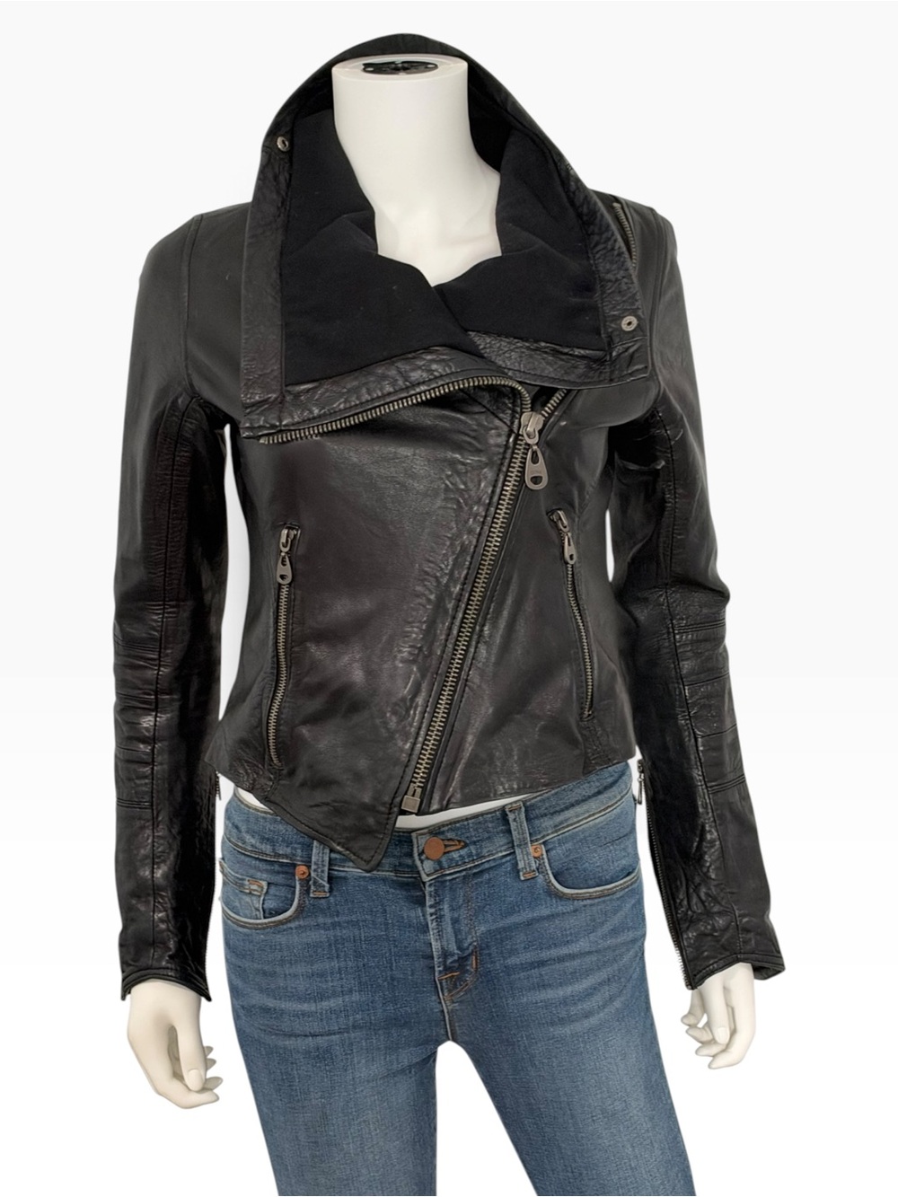 Doma Black Asymmetrical Leather Moto Jacket